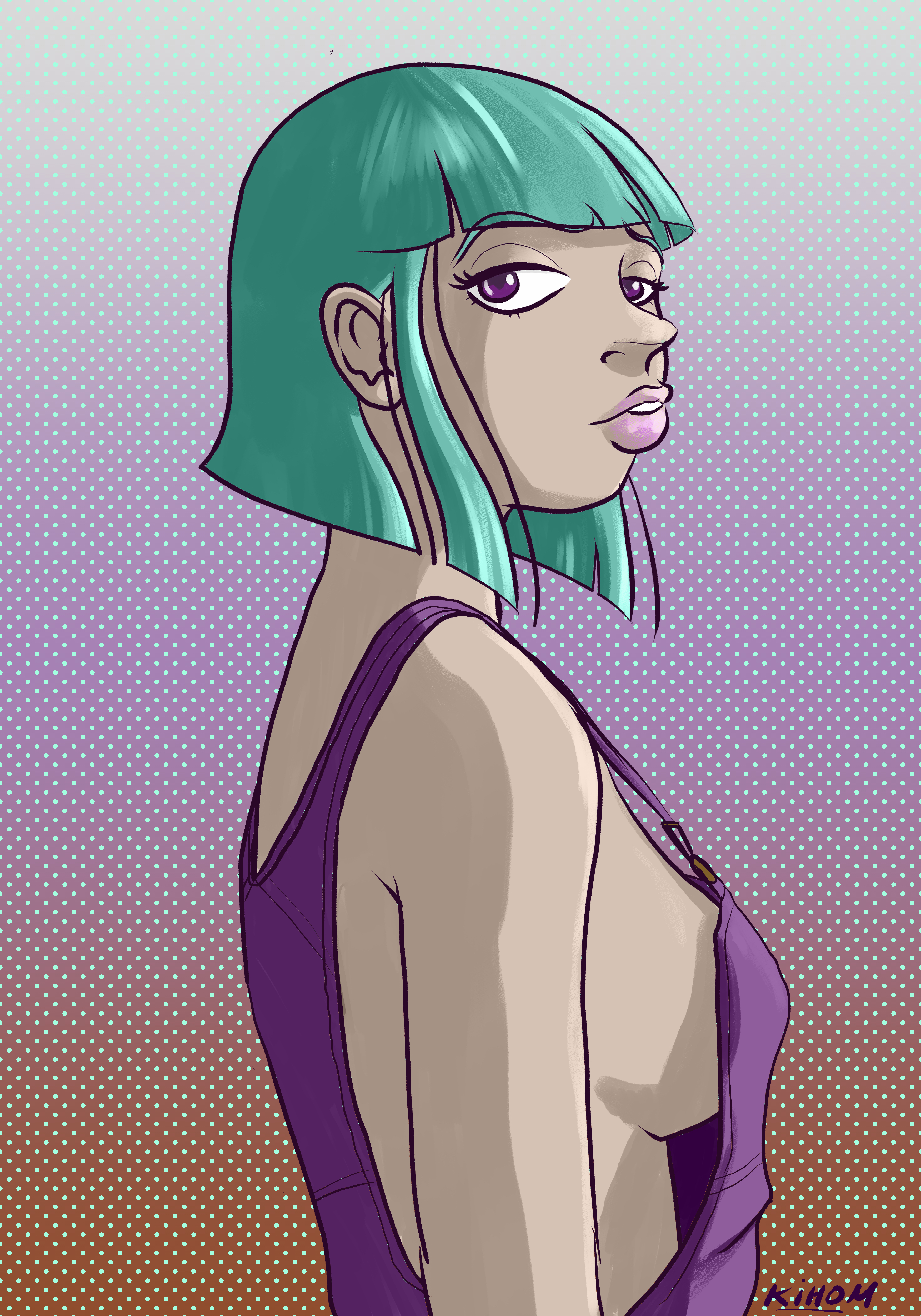 fille qui se retourne vers nous avec une salopette