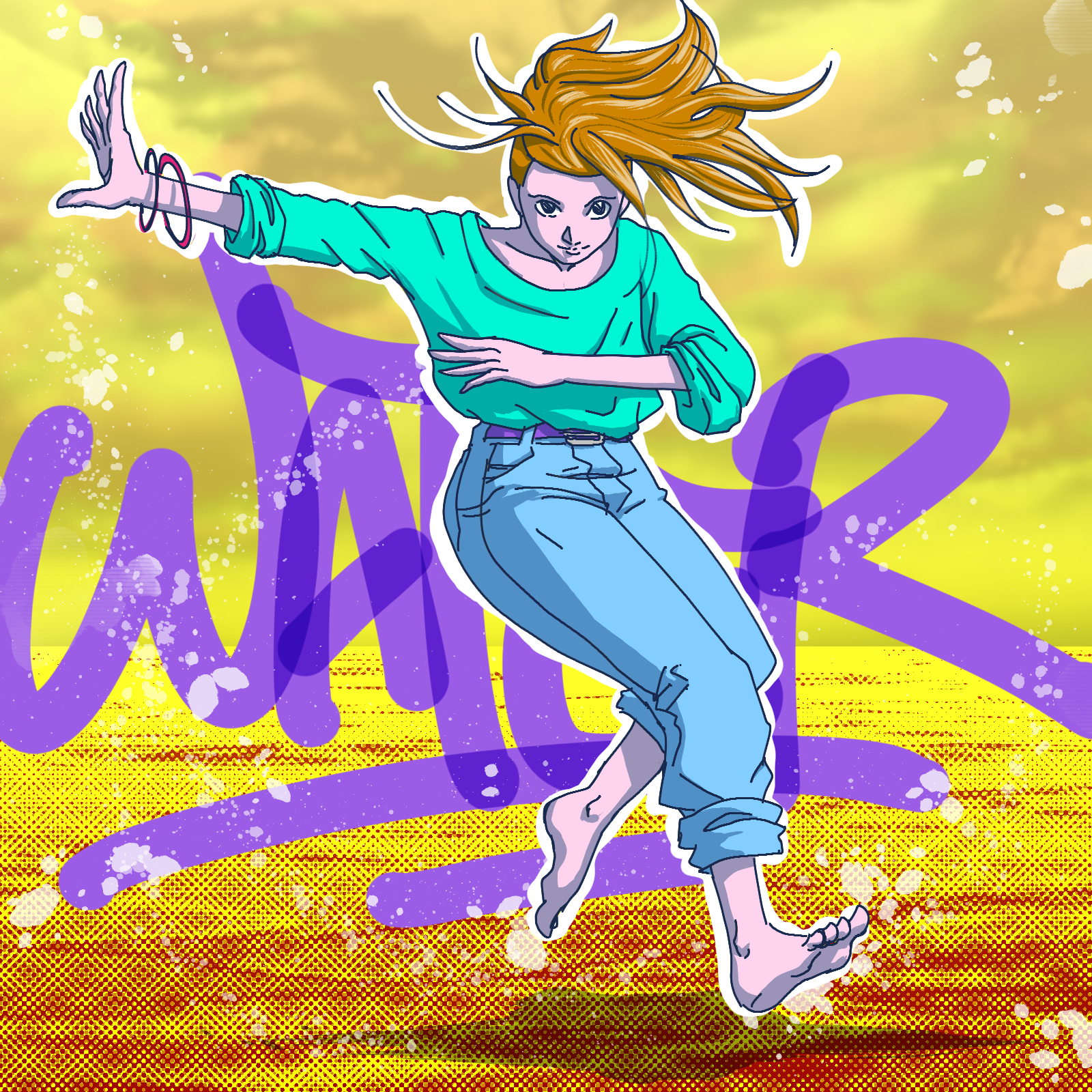 fille qui danse, water ecrit en arriere plan