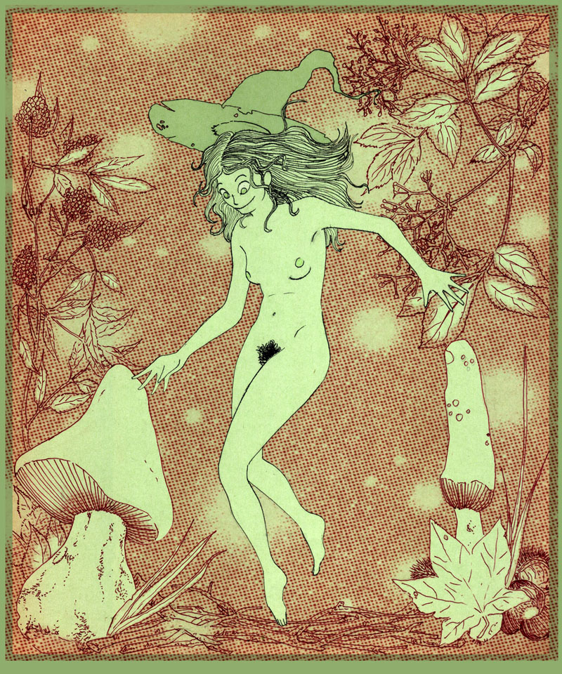 Une petite fée nue dans au milieu de feuilles et de champignons 